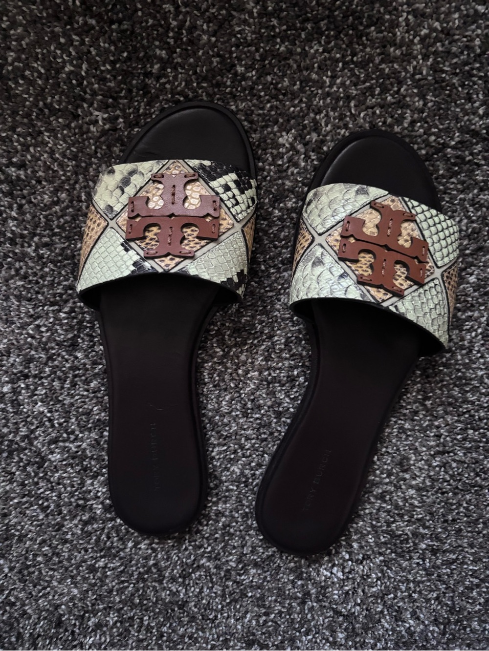 Tory Burch Black Slides with Snake-Print Strap and Brown Logo